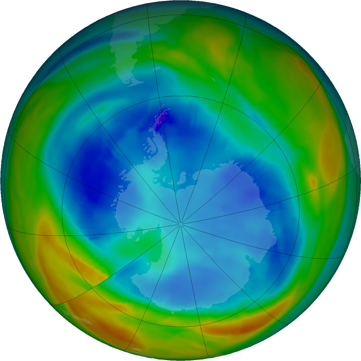 Antarctic ozone map for 13 August 2023